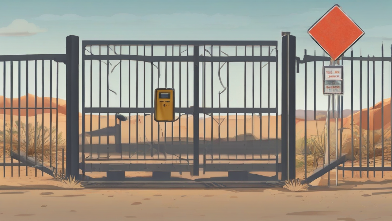 Idle desert pumps behind a closed-gate sign with no logos