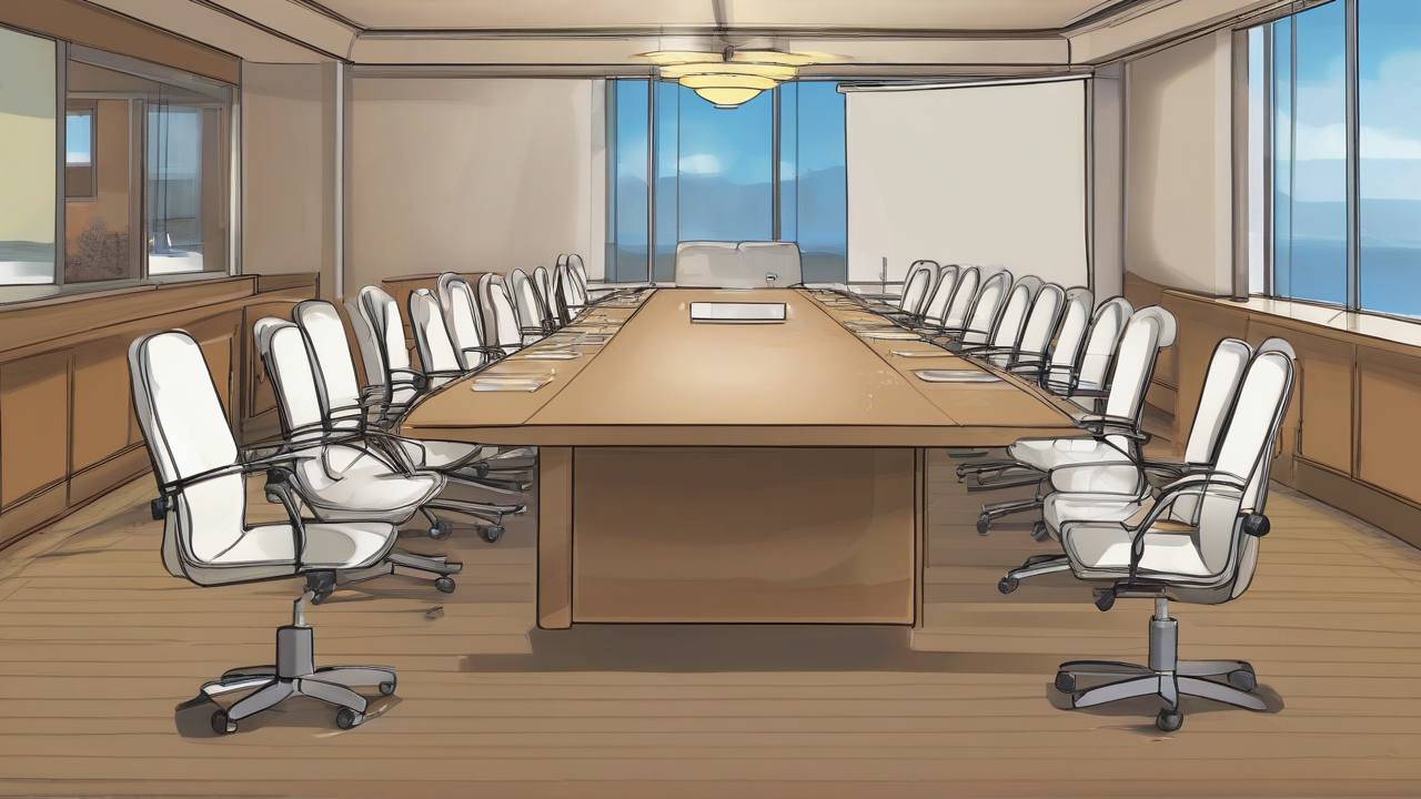 An empty conference table with no readable nameplates