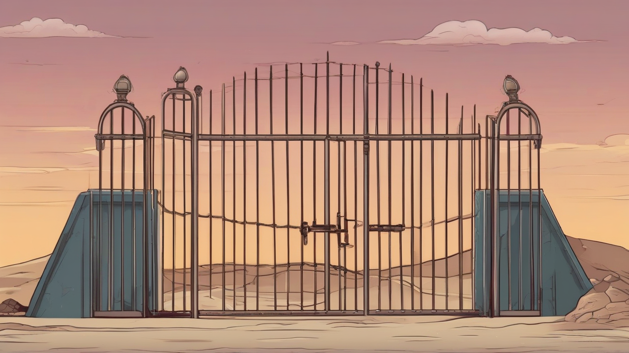 An empty desert border gate with no readable country names