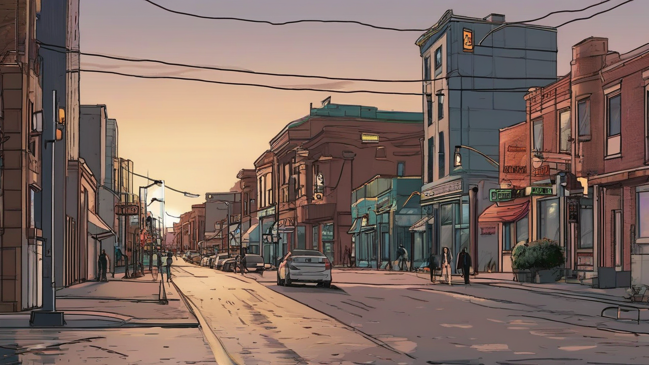 A lit downtown street ending in a still-dark north valley