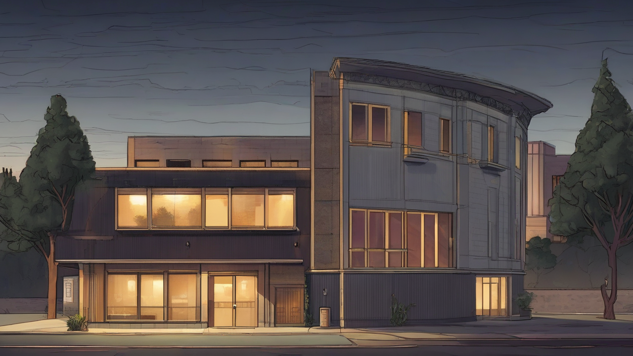 A lit civic building beside a still-dark north valley
