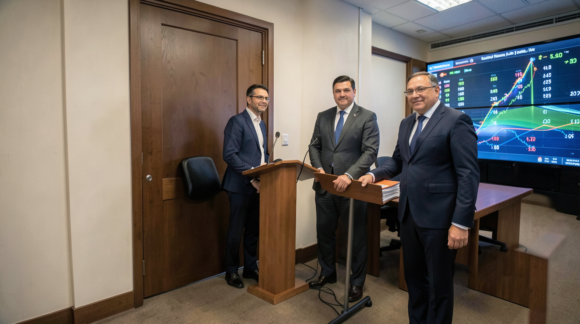Diplomats stand beside a closed conference-room door while oil-price screens move behind them.