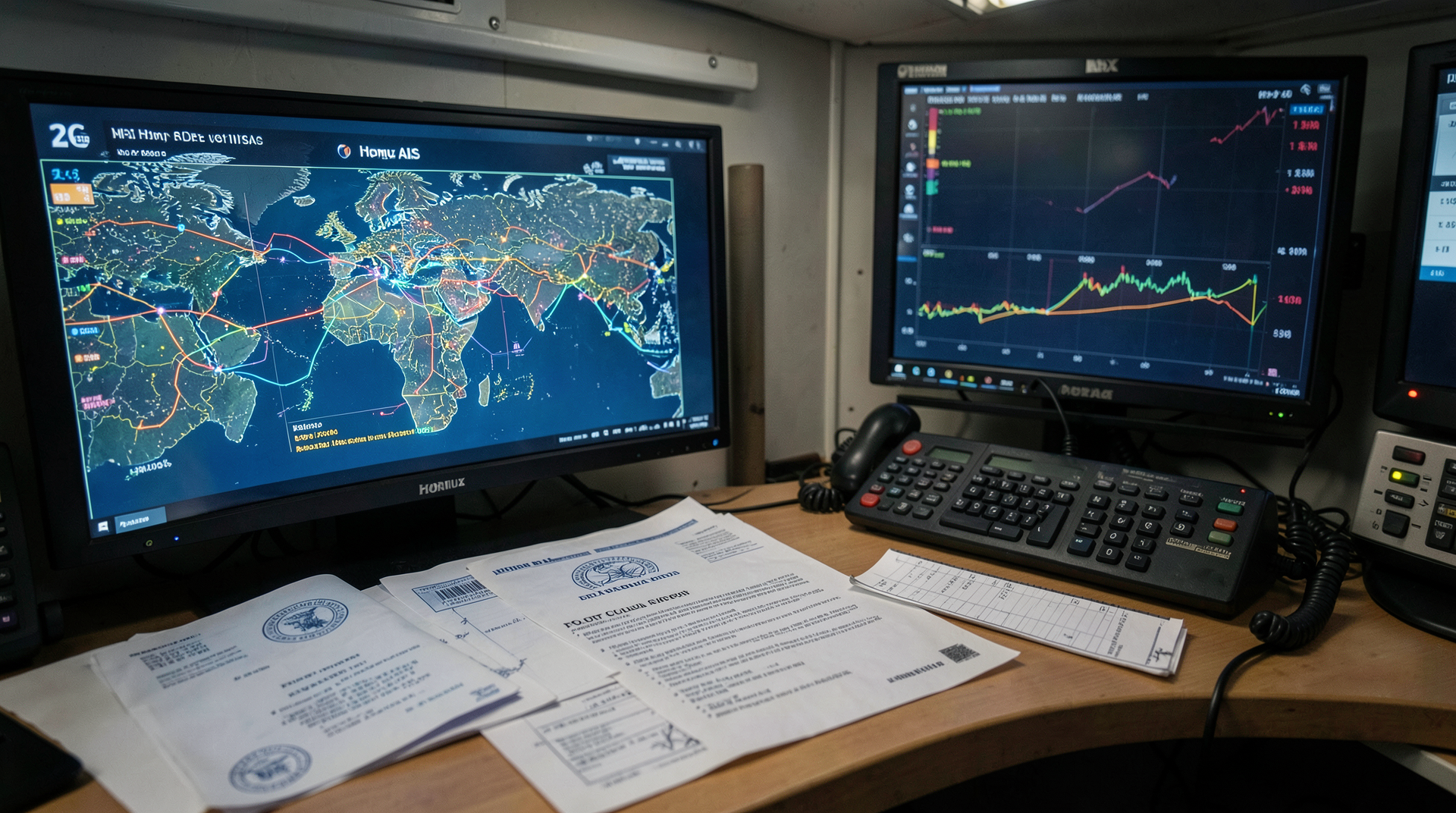 A tanker route map of Hormuz glows over insurance papers and shipping radio logs.