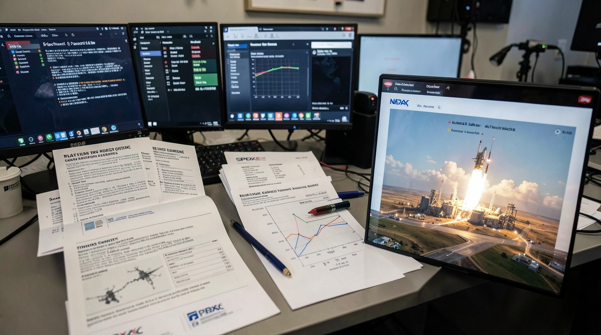 A trading desk shows SpaceX prospectus pages beside Nasdaq screens and a voting-control chart.