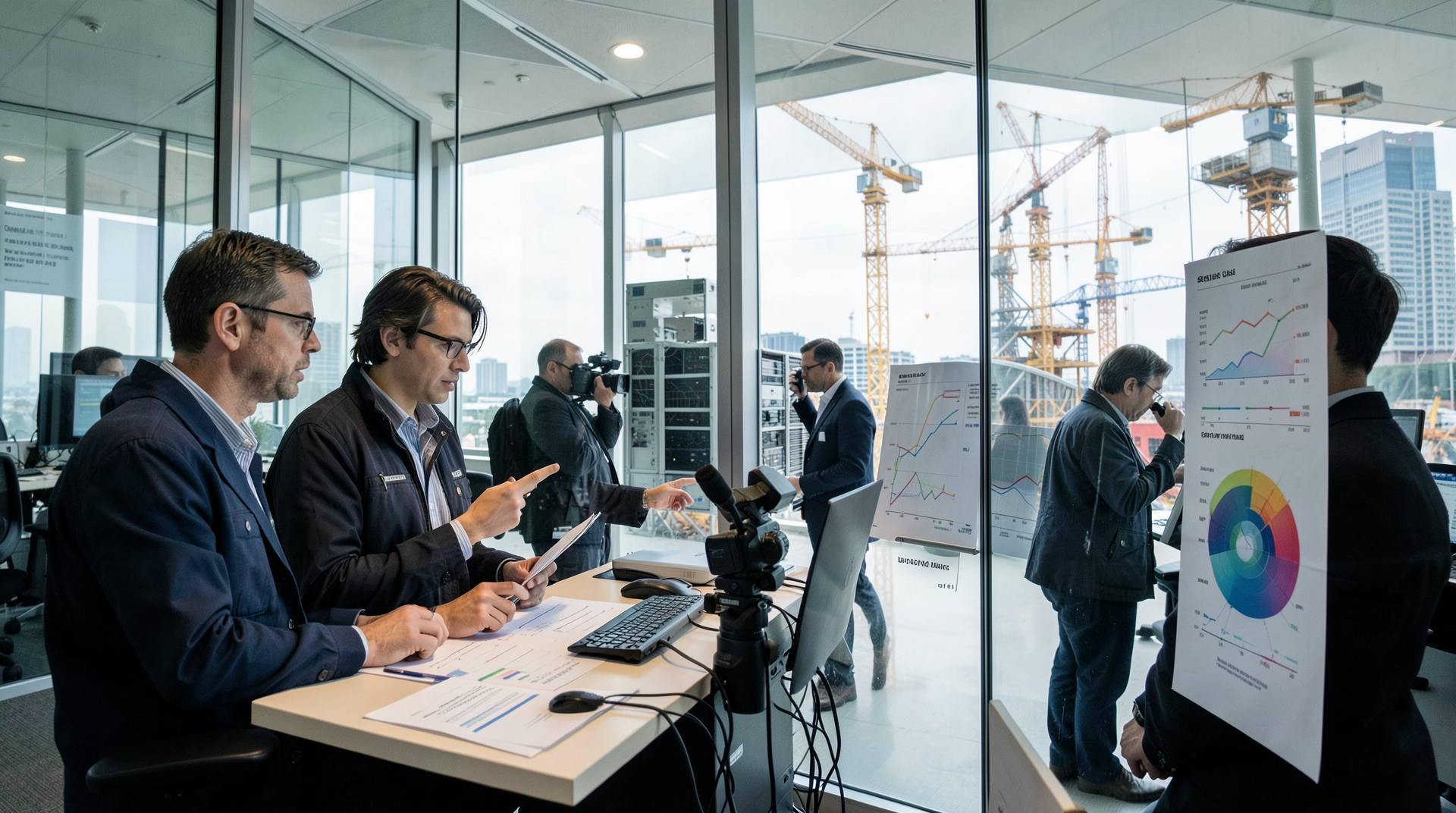 Oracle finance staff compare debt schedules with GPU capacity plans and construction cranes.