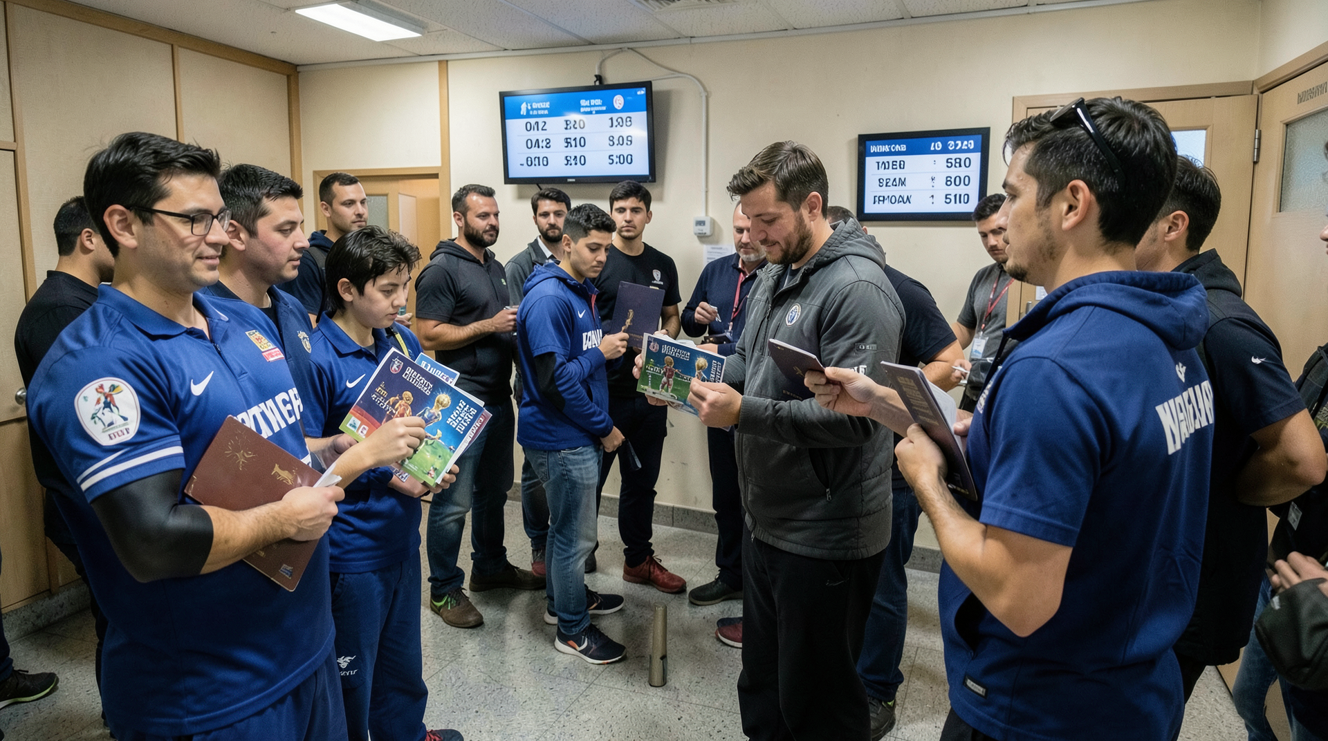 Soccer fans hold passports and match tickets in a consulate waiting room.