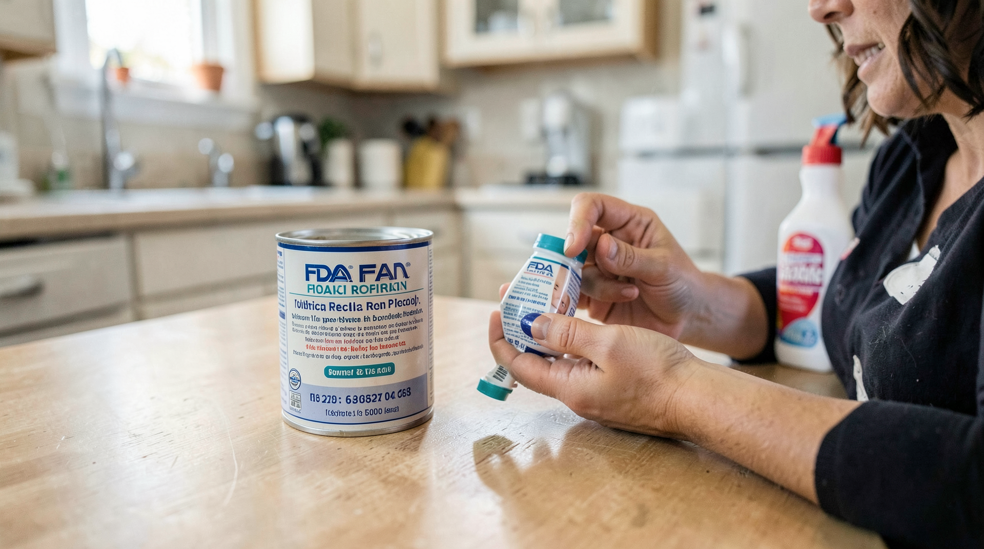A parent photographs the bottom of an infant formula can beside FDA recall instructions.