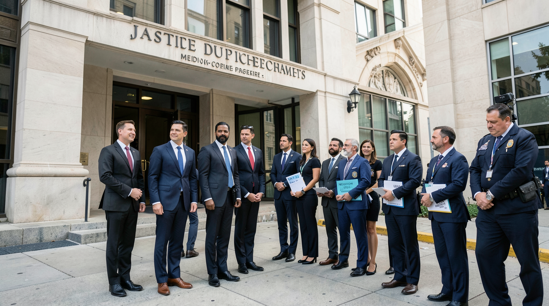 Media-company lawyers leave DOJ while state attorneys and reporters wait with review folders.