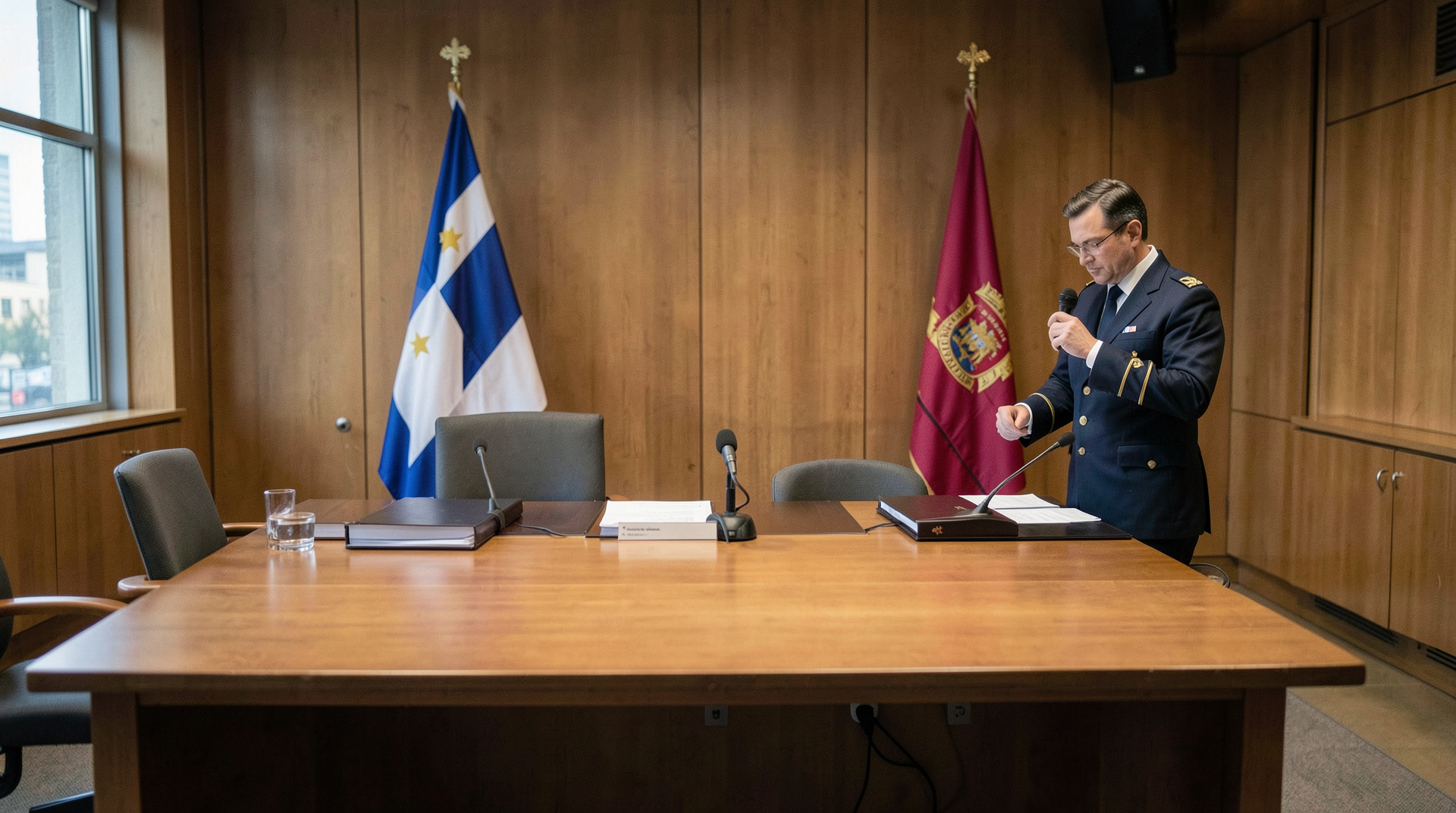 An empty signing table in a Geneva conference room with two flags and two closed folio binders