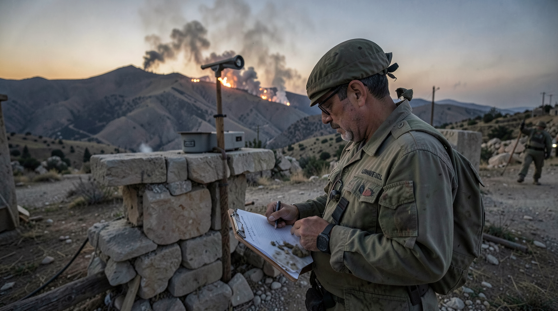 A UNIFIL observation post in southern Lebanon at dusk as a peacekeeper logs entries while smoke rises on a distant ridge