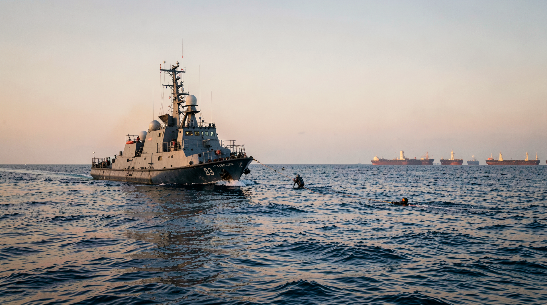 A naval mine-countermeasures vessel working a sea lane at dawn off the Omani coast with anchored tankers on the horizon