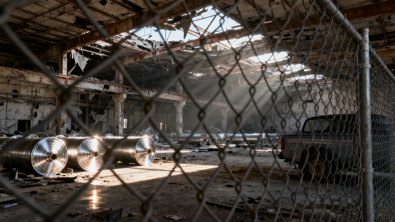A bomb-damaged Iranian enrichment hall seen through a chain-link fence with sunlight on idle centrifuge casings