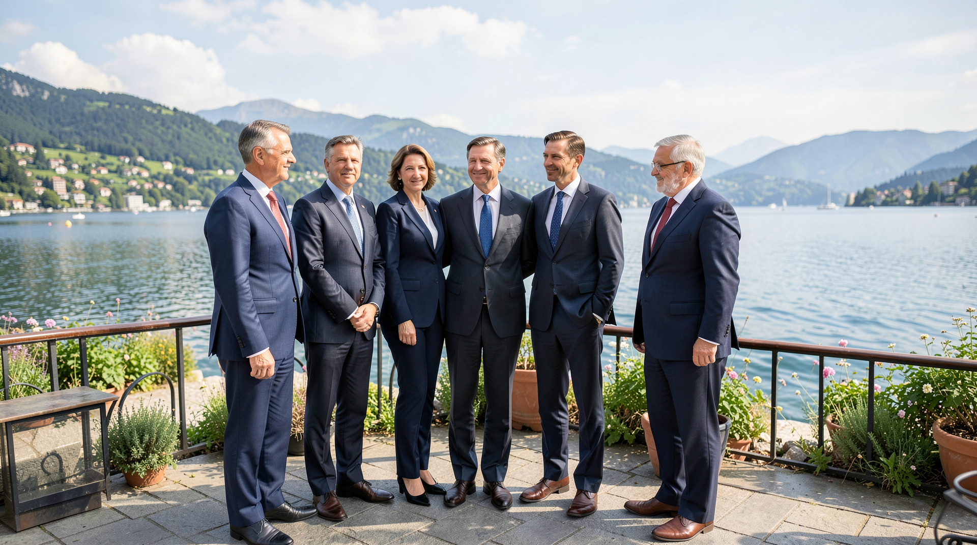 G7 leaders arranged for a family photo on a lakeside terrace at Evian with stiff body language