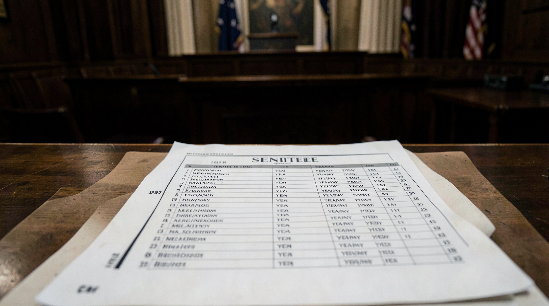 A printed Senate roll-call sheet on a clerk's desk in the chamber well with names and yea-nay columns in focus