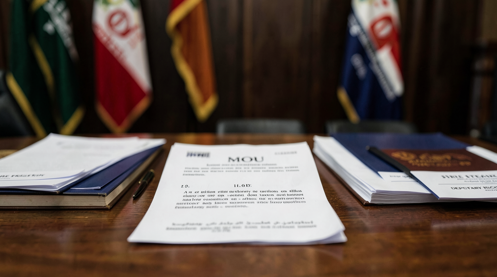 A printed Iran MOU readout on a diplomatic table beside empty folders for verification, sanctions, and side letters
