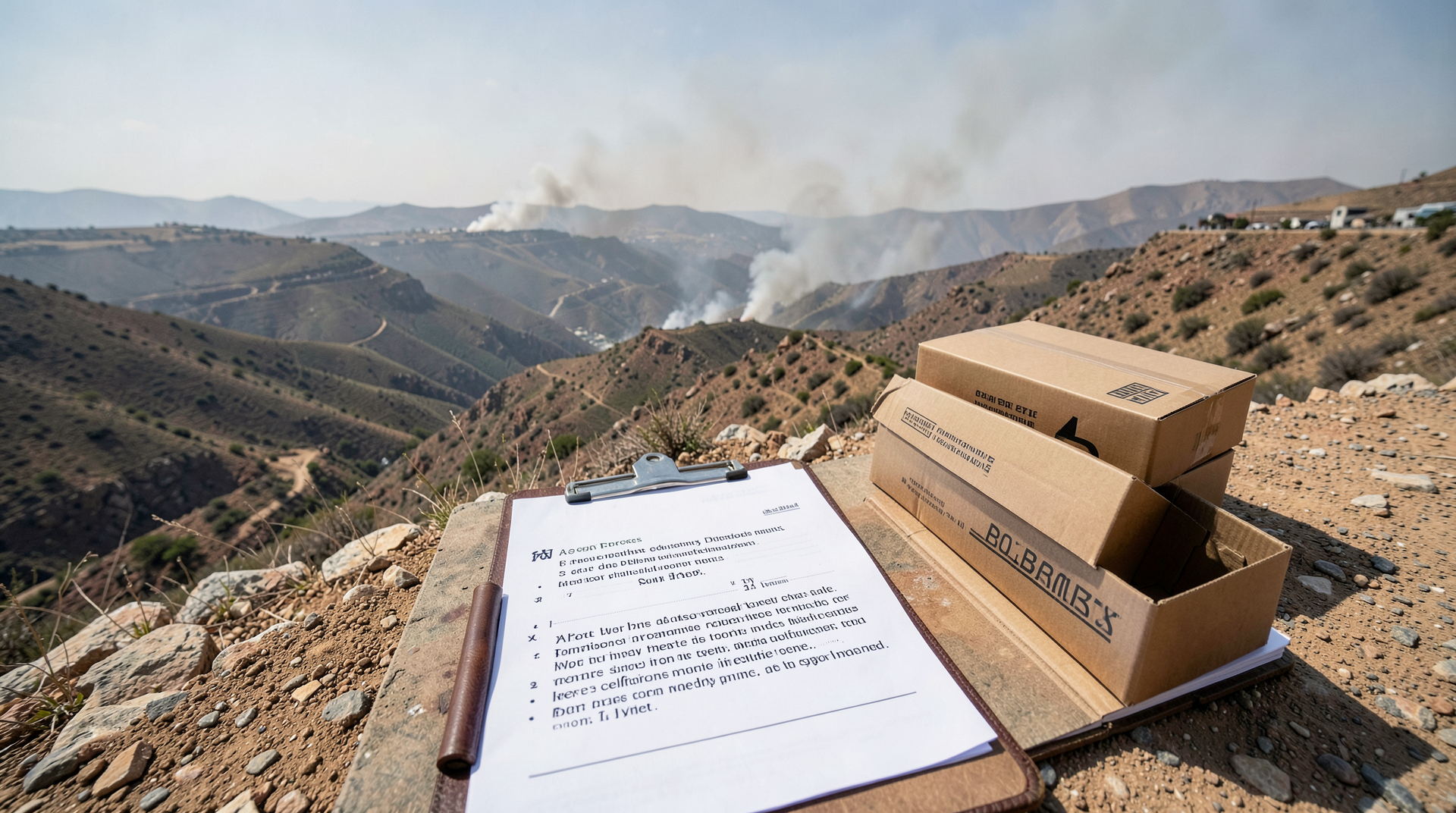 Southern Lebanon hills under smoke with a diplomatic ceasefire clause on a clipboard in the foreground