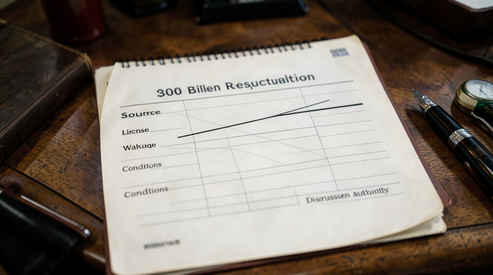 A $300 billion ledger line with blank columns for source, license, waiver, and disbursement authority