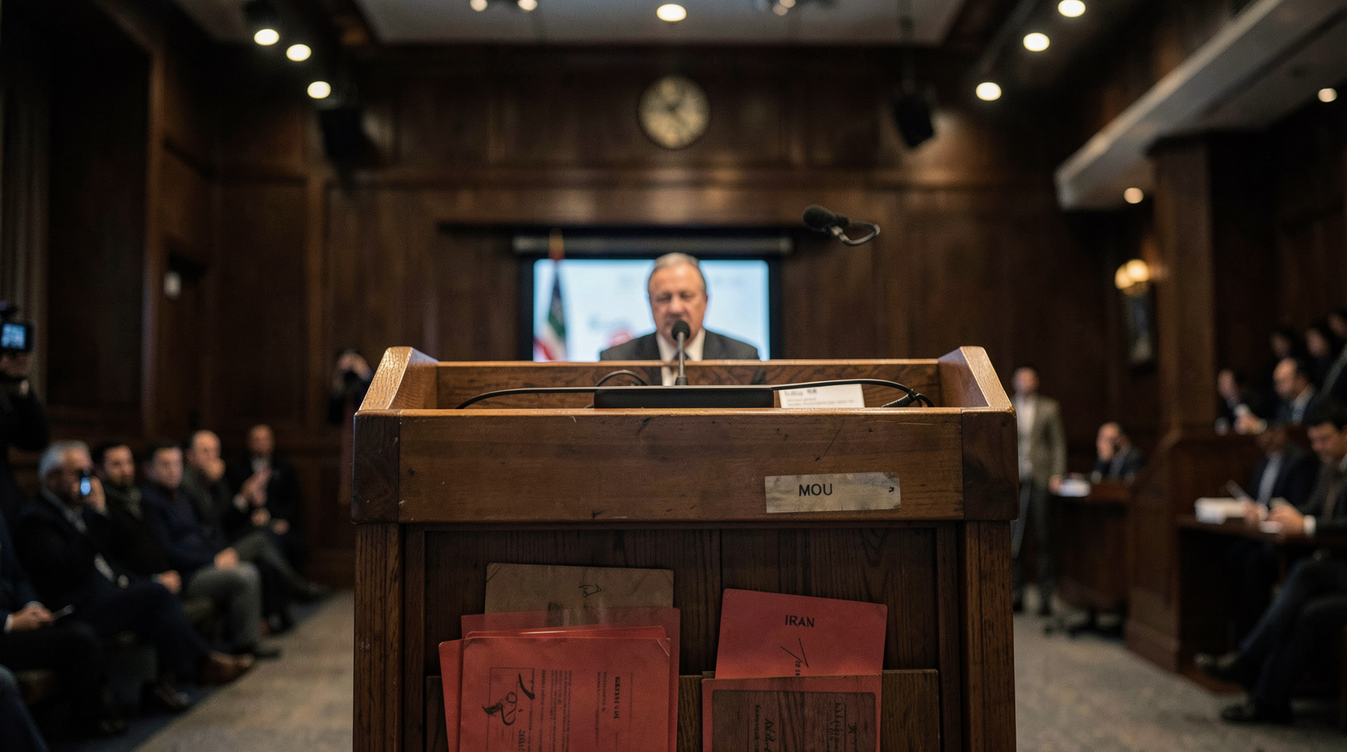 A Senate lectern facing a public Iran MOU page and redacted side-deal folders