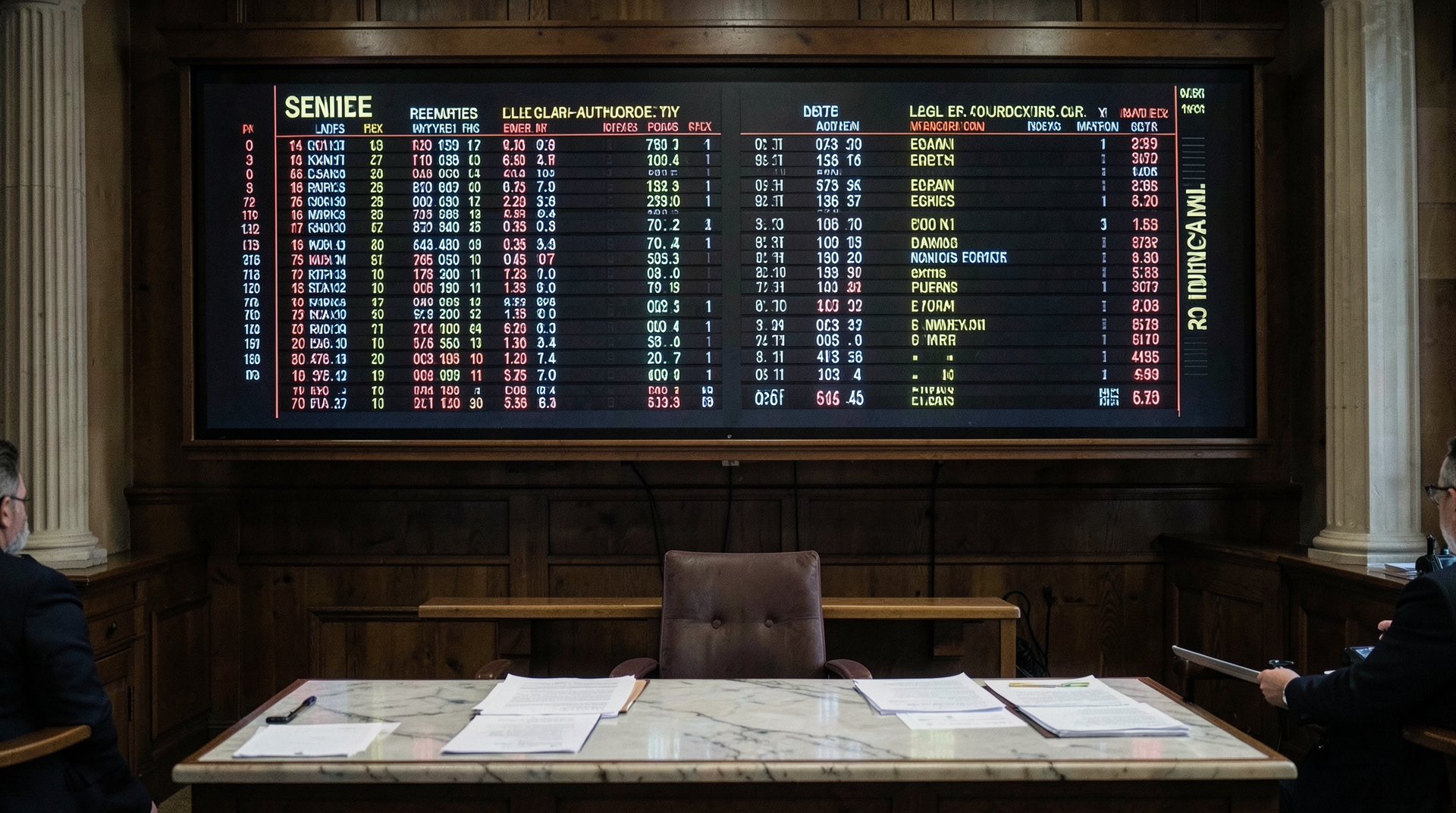A Senate roll-call board with vote totals lit and a blank legal-authority column beside it