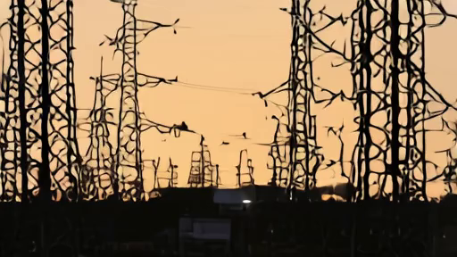 Data-center substation at dusk beside transmission lines and a public-hearing room