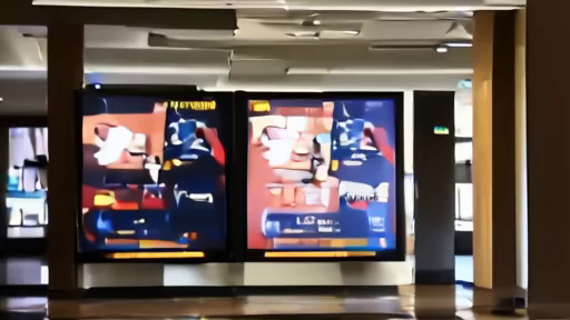 Multiplex lobby with two competing movie standees and staff changing showtime boards