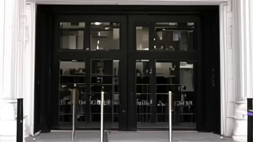 Kennedy Center entrance with darkened doors and court filing folder near empty stanchions