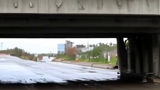 Midwestern underpass with rising water barriers and a driver checking a weather alert
